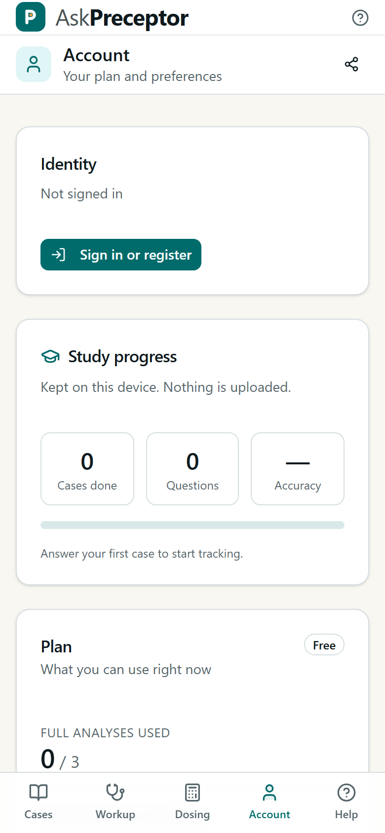 Your plan, your region, your language, and how many analyses you have left today.