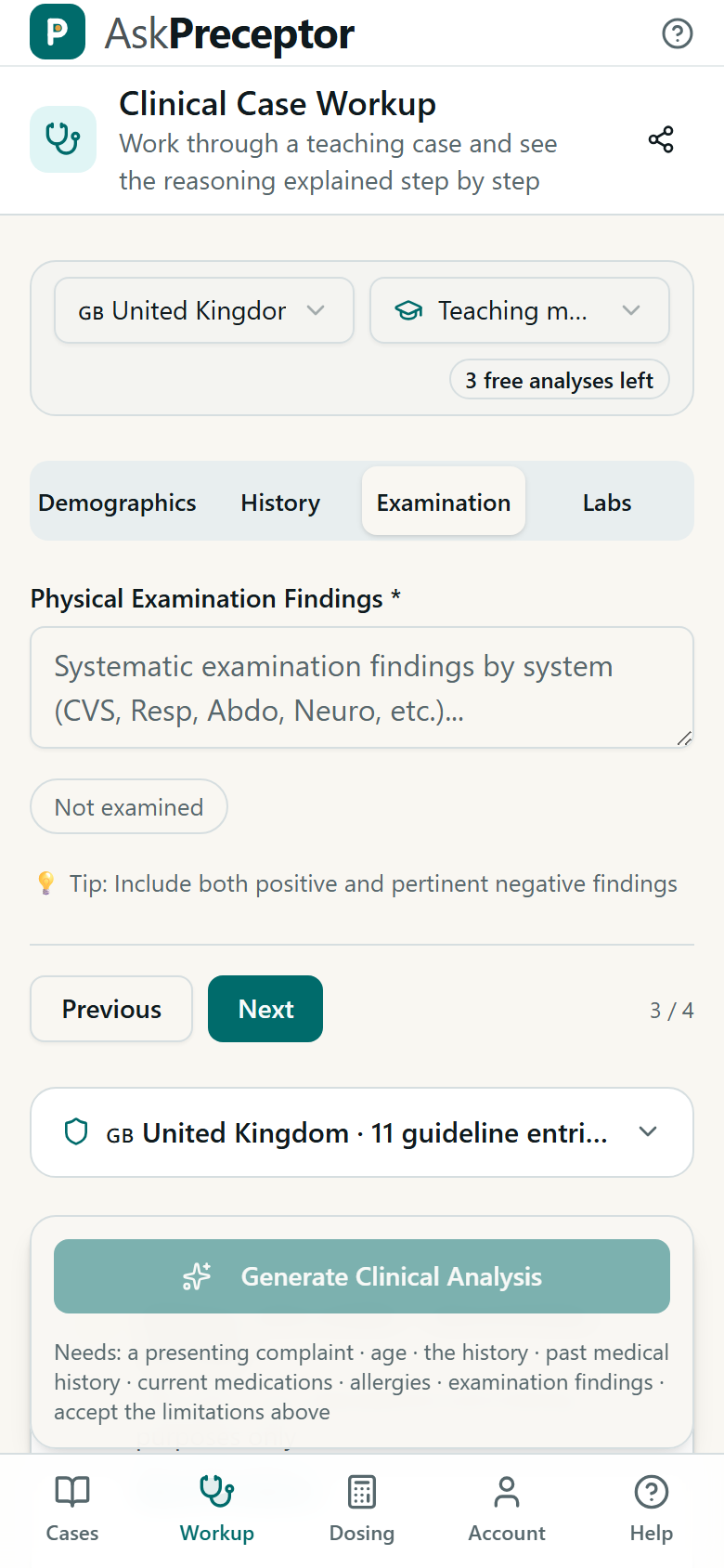 Step 3 — Examination and vital signs.